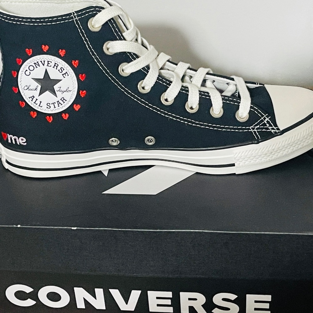 NEW Converse Valentine’s Day Black High-Tops with Pink and Red Heart Accents